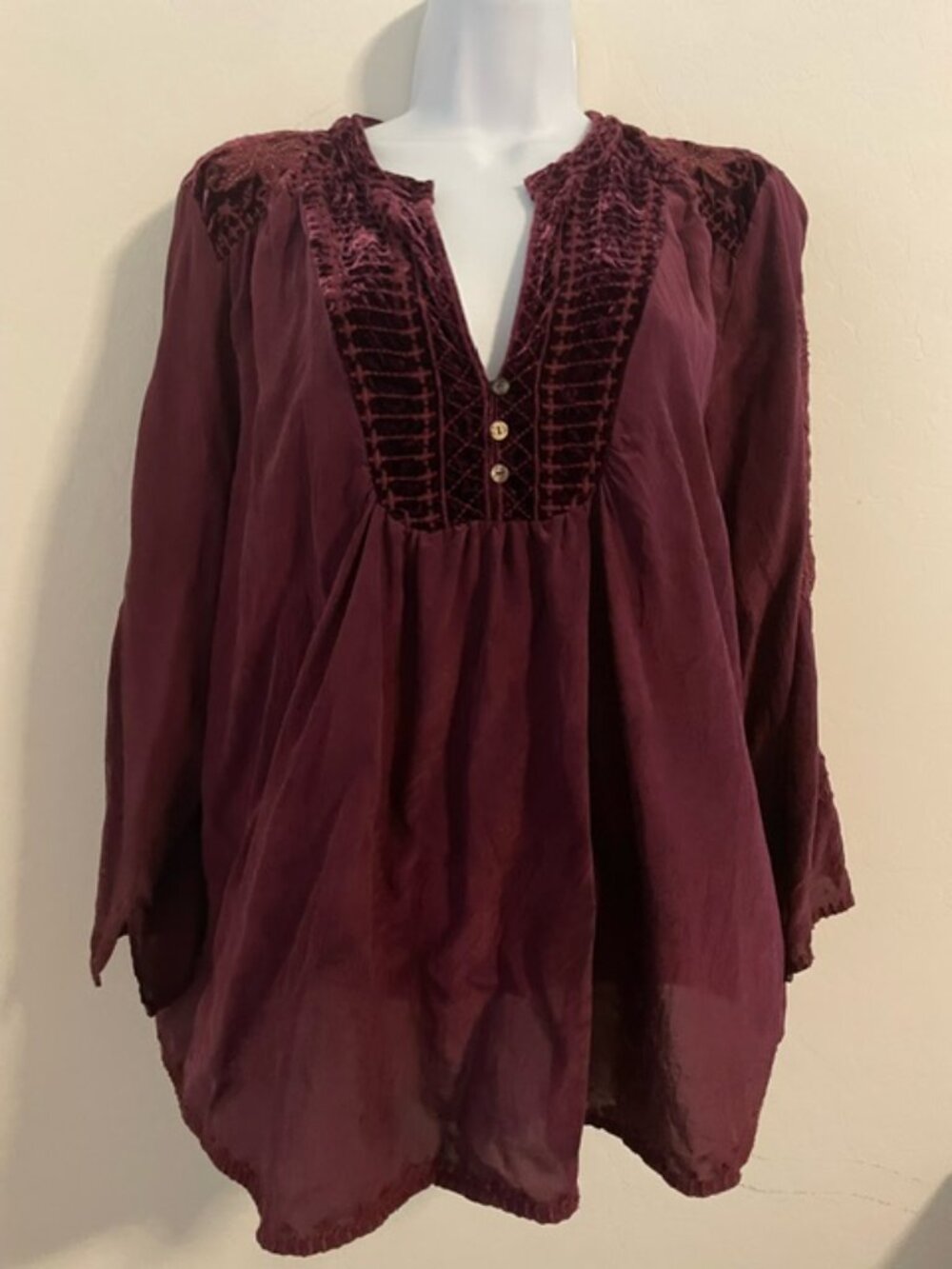 Johnny Was Workshop Burgundy Blouse LG silk velvet neck, embroidered sleeves EUC
